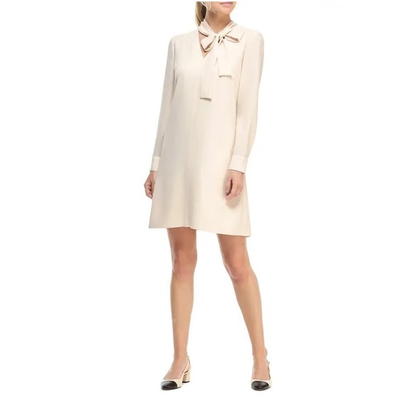 Gal Meets Glam Ines Tie Neck Long Sleeve Shift Dress Cream Sz 6 - Picture 1 of 8